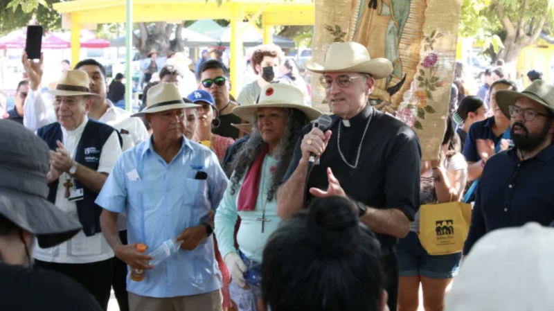 Bishop Joseph Brennan of Fresno speaks at a rally of the UFW march for a labor union voting rights bill in Calwa, Calif., Aug. 11, 2022. (Diocese of Fresno via CNA)