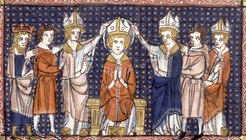 "The Ordination of Saint Hilary," from a 14th-century manuscript. (Wikimedia Commons)