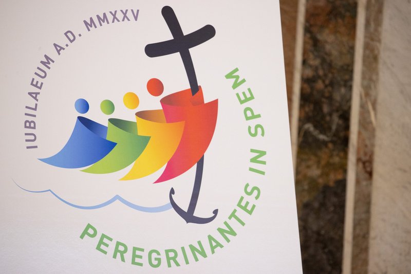 The logo of the 2025 Jubilee. The Vatican's Dicastery for Evangelization is organizing the Catholic Church's next Holy Year around the theme "Pilgrims of Hope." (Daniel Ibanez/CNA)