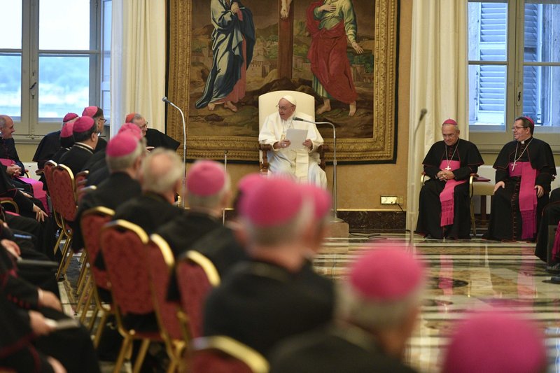 Pope Francis meets with papal nuncios from around the world at the Vatican Sept. 8, 2022. The pope said that Europe and the entire world are being shaken by "a particularly serious war, due to the violation of international law, the risks of nuclear escalation and the drastic economic and social consequences." (CNS photo/Vatican Media)