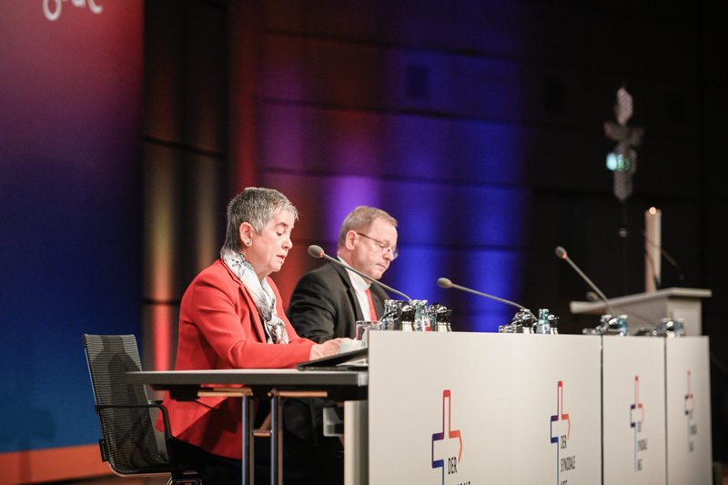 Irme Stetter-Karp, president of the Central Committee of German Catholics and the lay co-president of the Synodal Path, and Bishop Georg Bätzing, president of the German bishops' conference, attend the fourth synodal assembly in Frankfurt Sept. 8, 2022. (CNS photo/Julia Steinbrecht, KNA)