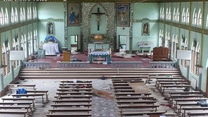 A photo shows debris inside of Mother of God Church in Mobye, Myanmar. Soldiers in Myanmar used the church as a kitchen and laid mines around the building in mid-September, church sources told ucanews.com. (CNS photo/supplied)