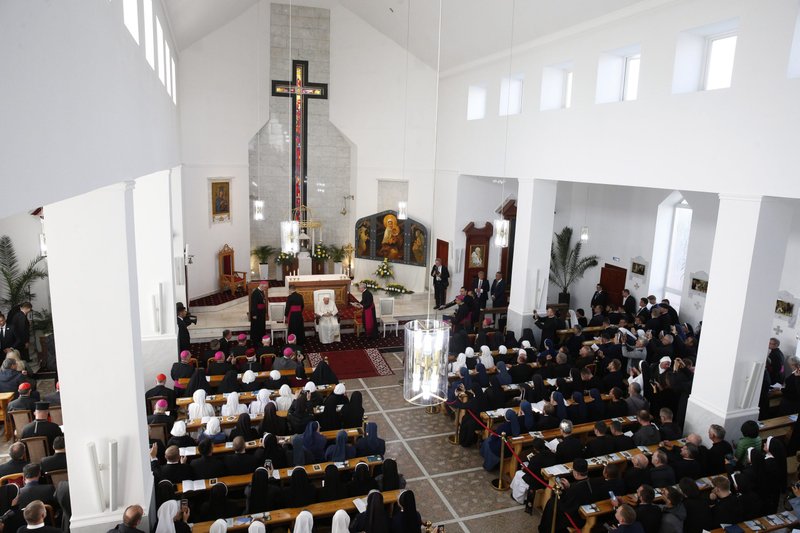 Pope Francis leads a meeting with bishops, priests, deacons, consecrated persons, seminarians and pastoral workers at the cathedral of Our Lady of Perpetual Help in Nur-Sultan, Kazakhstan, Sept. 15, 2022. (CNS photo/Paul Haring)