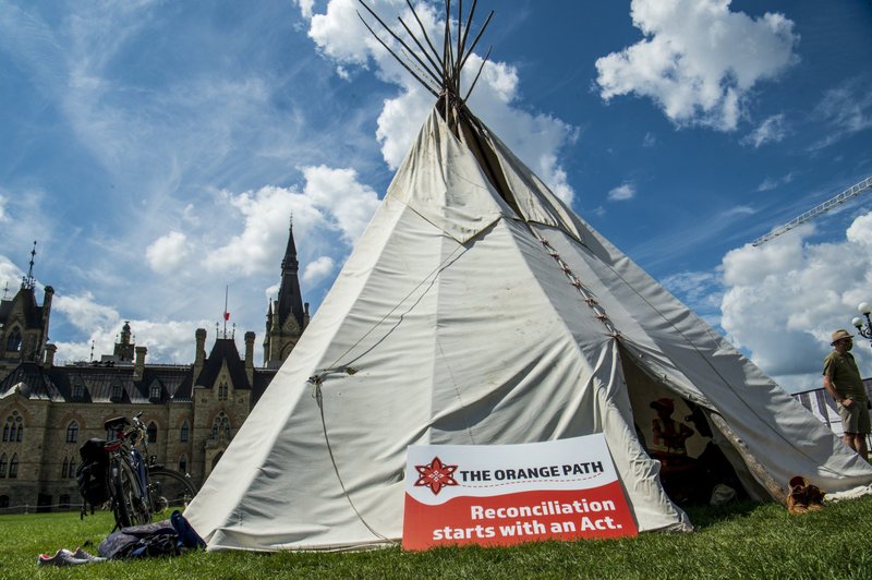 A teepee stands in front of Parliament in Ottawa, Ontario, Aug. 21, 2021. A new papal statement on the Doctrine of Discovery is expected soon. (CNS photo/Michael Swan, The Catholic Register)