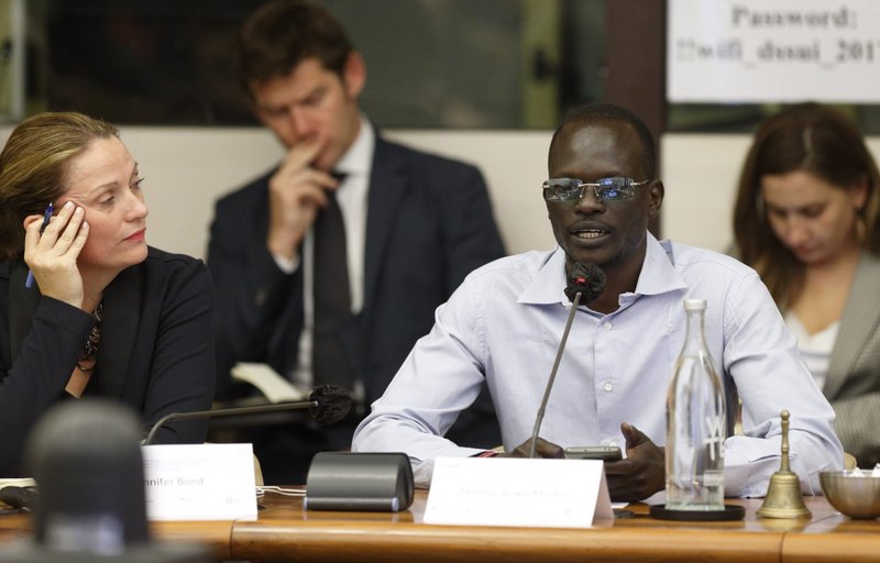Mohtas Anwar Modier, a Sudanese refugee who received a visa to study in Italy, speaks at a conference on immigration in Rome Sept. 27, 2022. Government representatives and leaders of Catholic immigration efforts attended the conference sponsored, by the International Catholic Migration Commission and the Canadian Embassy to the Holy See. (CNS photo/Paul Haring)