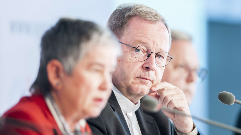 Bishop Georg Bätzing watches ZdK president Irme Stetter-Karp speak at the Synodal Way assembly in Frankfurt, Germany, Sept 8. 2022. (Synodaler Weg/Maximilian von Lachner via CNA)