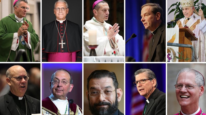 Candidates for the upcoming 2022 U.S. Conference of Catholic Bishops presidential and vice presidential elections are shown clockwise from top left: Archbishop Timothy P. Broglio of the U.S. Archdiocese for the Military Services; Archbishop Paul S. Coakley of Oklahoma City; Bishop Frank J. Caggiano of Bridgeport, Conn.; Bishop Michael F. Burbidge of Arlington, Va.; San Francisco Archbishop Salvatore J. Cordileone; Seattle Archbishop Paul D. Etienne; Archbishop Gustavo García-Siller of San Antonio; Bishop Daniel E. Flores of Brownsville, Texas; Baltimore Archbishop William E. Lori; and Bishop Kevin C. Rhoades of Fort Wayne-South Bend, Ind. (CNS composite/photos by Tyler Orsburn; Archdiocese of Oklahoma City; Gregory A. Shemitz; Bob Roller; Dennis Callahan, Catholic San Francisco; Paul Haring; Bob Roller; Bob Roller; Tyler Orsburn; and Bob Roller)