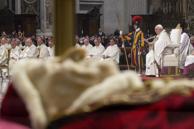 A glass urn containing the remains of St. John XXIII is pictured as Pope Francis delivers his homily as he celebrates Mass in St. Peter's Basilica Oct. 11, 2022, to mark the 60th anniversary of the opening of the Second Vatican Council. (CNS photo/Vatican Media)