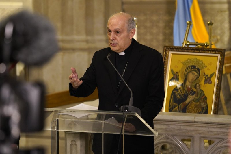 Archbishop Gabriele Caccia, the Vatican's permanent observer to the United Nations, speaks during a news conference addressing the state of affairs in war-ravaged Ukraine March 24, 2022, at St. Patrick's Cathedral in New York City. (CNS photo/Gregory A. Shemitz)