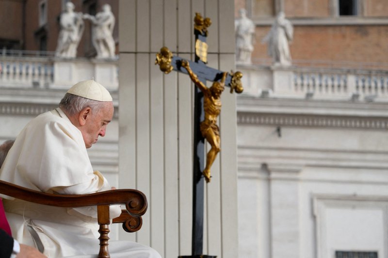 Pope Francis pauses during his general audience at the Vatican Oct. 26, 2022. (CNS photo/Vatican Media via Reuters)