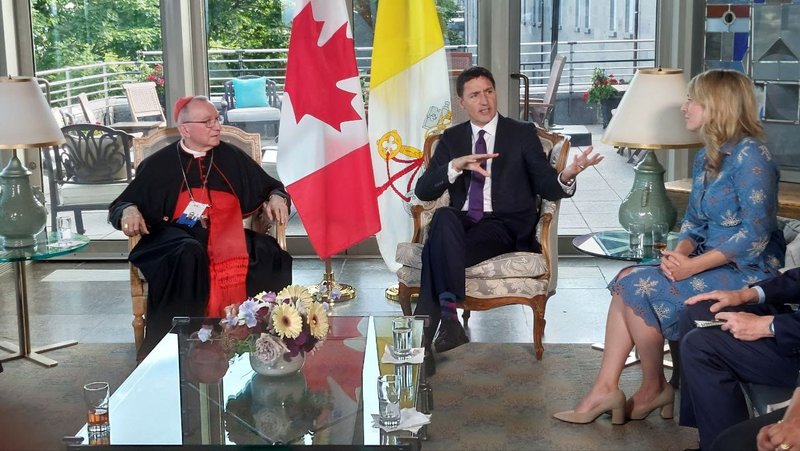 Canadian Prime Minister Justin Trudeau and other government officials held bilateral meetings with Pope Francis and Cardinal Pietro Parolin on July 27, 2022, during the pope's trip to that country. (Pool VAMP via CNA)