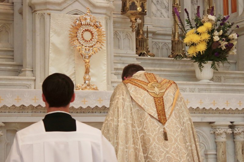 A priest bows before the Eucharist. (Paul Sri/CNA)