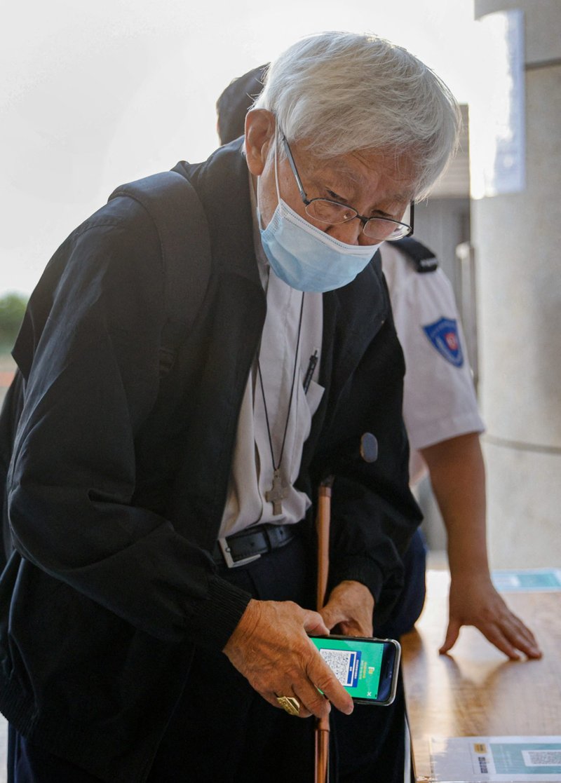 Cardinal Joseph Zen Ze-kiun, retired bishop of Hong Kong, arrives at the West Kowloon Magistrates' Courts in Hong Kong Sept. 26, 2022. The 90-year-old cardinal and five others have gone on trial for allegedly failing to register a now-defunct fund to help provide legal aid to people arrested in the 2019 pro-democracy protests. (CNS photo/Tyrone Siu, Reuters)