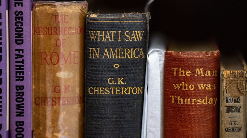 Books are seen in the Chesterton Archive housed at the University of Notre Dame's London Global Gateway in England Oct. 26, 2022. (CNS photo/Matt Cashore, University of Notre Dame)