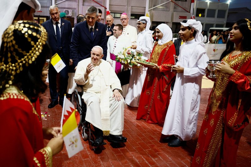 Pope Francis waves as he arrives for a meeting with young people at Sacred Heart School in Awali, Bahrain, Nov. 5, 2022. (CNS photo/Yara Nardi, Reuters)
