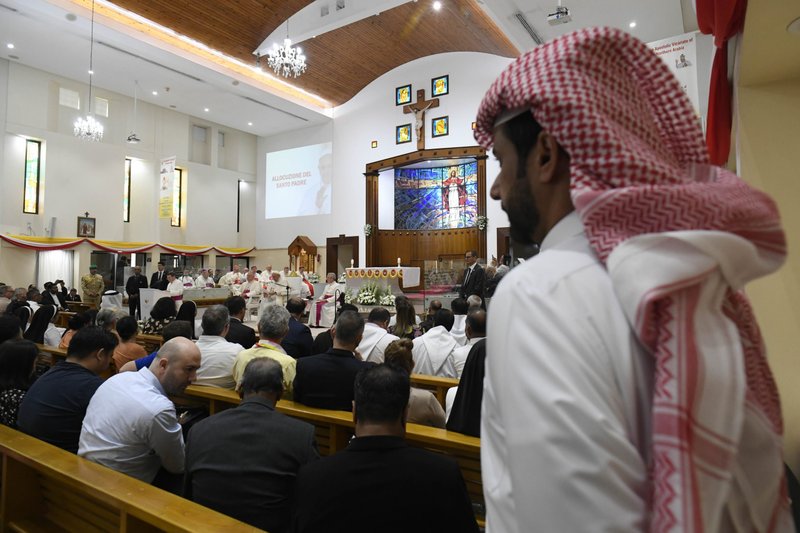 Catholics leaders join Pope Francis for a prayer service Nov. 6, 2022, in Sacred Heart Church in Manama, Bahrain. (CNS photo/Vatican Media)