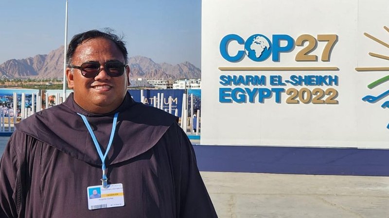 Father Angelito Andig Cortez from the Philippines, representing the Franciscan delegation, poses at COP27 in Sharm el-Sheikh, Egypt, Nov. 7, 2022. (CNS photo/courtesy Father Angelito Andig Cortez)