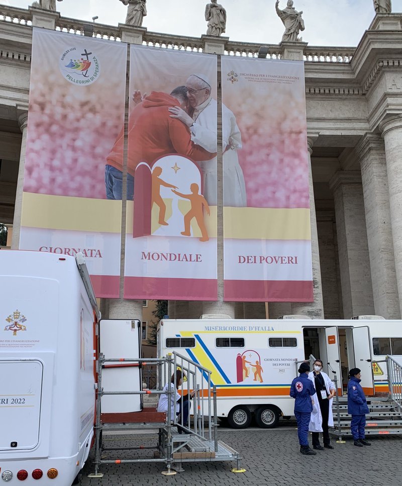 Doctors and nurses wait for patients Nov. 10, 2022, at a temporary medical clinic set up in St. Peter's Square as part of the Vatican celebration of the World Day of the Poor. (CNS photo/Cindy Wooden)