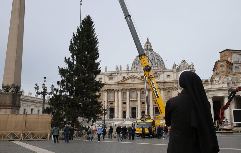 A nun watches as the Christmas tree is positioned in St. Peter's Square at the Vatican Nov. 23, 2021. After a controversy over the selection of this year's Vatican Christmas tree, the Vatican will receive a tree from an Italian tree farm. (CNS photo/Paul Haring)