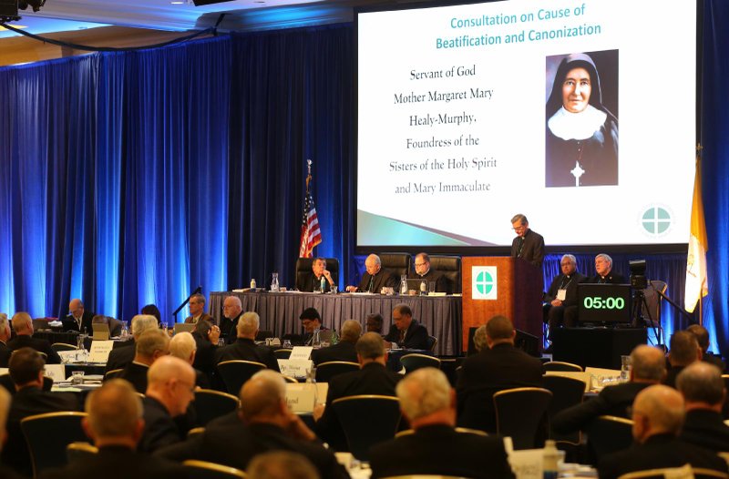 An image of Mother Margaret Mary Healy-Murphy, foundress of the Sisters of the Holy Spirit and Mary Immaculate is projected on a screen during a Nov. 16, 2022, session of the fall general assembly of the U.S. Conference of Catholic Bishops in Baltimore. (CNS photo/Bob Roller)