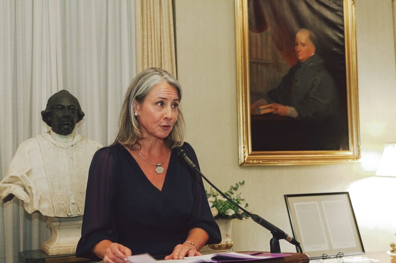 Krisanne Vaillancourt Murphy, executive director of the Catholic Mobilizing Network, speaks at the Vatican Embassy in Washington Oct. 10, 2022, about World Day Against the Death Penalty. (CNS photo/Rick Reinhard, courtesy Catholic Mobilizing Network)