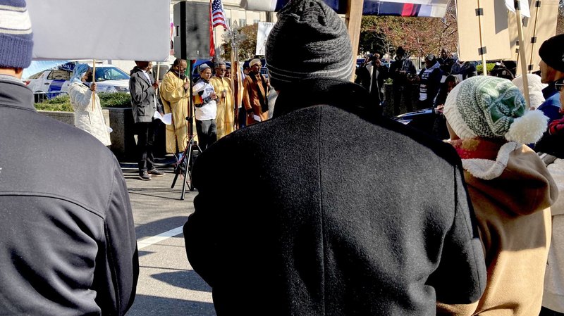 People in Washington demonstrate near the State Department Nov. 18, 2022, in support of Eritrean Bishop Fikremariam Hagos Tsalim, who has been imprisoned by Eritrean authorities since mid-October. (CNS photo/Kurt Jensen)