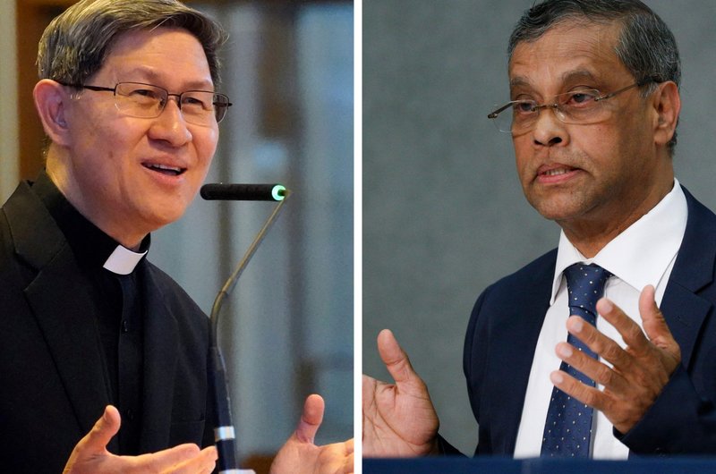 Cardinal Luis Antonio Tagle of the Philippines, and Aloysius John, secretary-general of Caritas Internationalis, are seen in this composite photo. (CNS composite/photos by Gregory A. Shemitz, and Paul Haring)