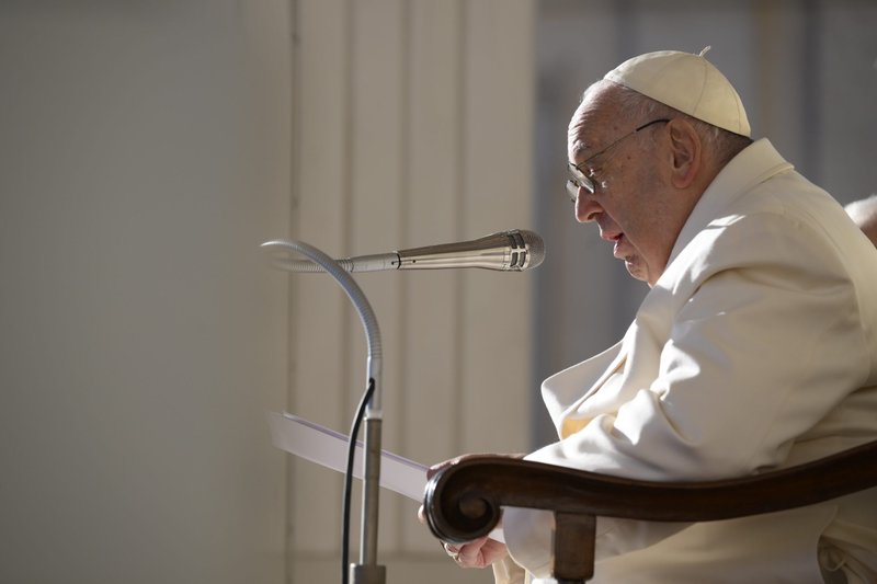 Pope Francis, speaking at his weekly general audience Nov. 23, 2022, prayed for peace in Ukraine and remembered the millions of Ukrainian victims of the 1932-33 Holodomor, a Soviet-engineered famine. (CNS photo/Vatican Media)