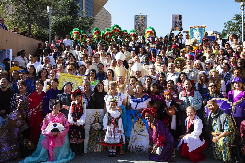 Representatives of the different ethnic communities represented in the Archdiocese of Los Angeles outside the Cathedral of our Lady of the Angels after the Celebration of Cultures Mass on June 22, 2019. (Victor Alemán)