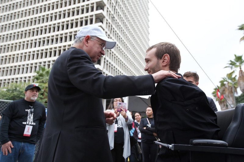 Archbishop Gomez with OneLife LA keynote speaker Nick Vujicic in 2016. (Archdiocese of Los Angeles)