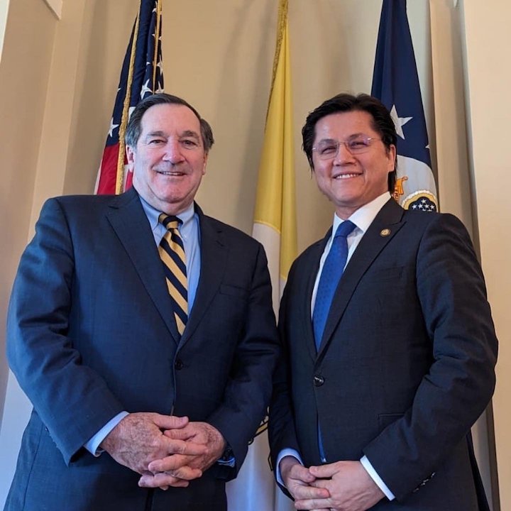 Joe Donnelly, U.S. ambassador to the Holy See, and Nury A. Turkel, chair of the U.S. Commission on International Religious Freedom, pose for photos in Rome Jan. 12, 2023. (CNS photo/Courtesy of the U.S. Embassy to the Holy See)