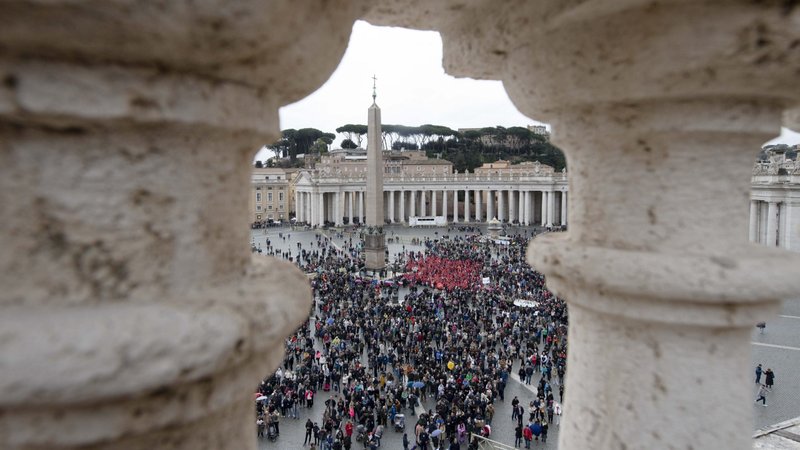 Some 20,000 visitors gather in St. Peter's Square to pray the Angelus with Pope Francis Feb. 26, 2023. (CNS photo/Vatican Media)