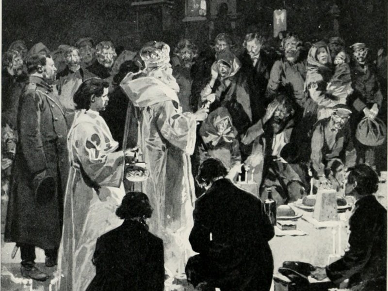 “Easter Eve,” priest blessing the first food after the Lenten fast outside a church, by Frédéric de Haenen, 1853-1928, Dutch. (Wikimedia Commons)
