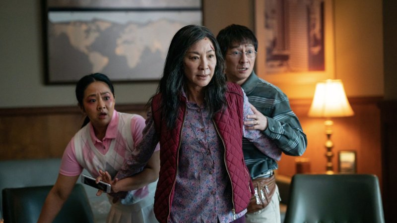 Stephanie Hsu, Michelle Yeoh, and Ke Huy Quan in “Everything Everywhere All At Once.” (Rotten Tomatoes)