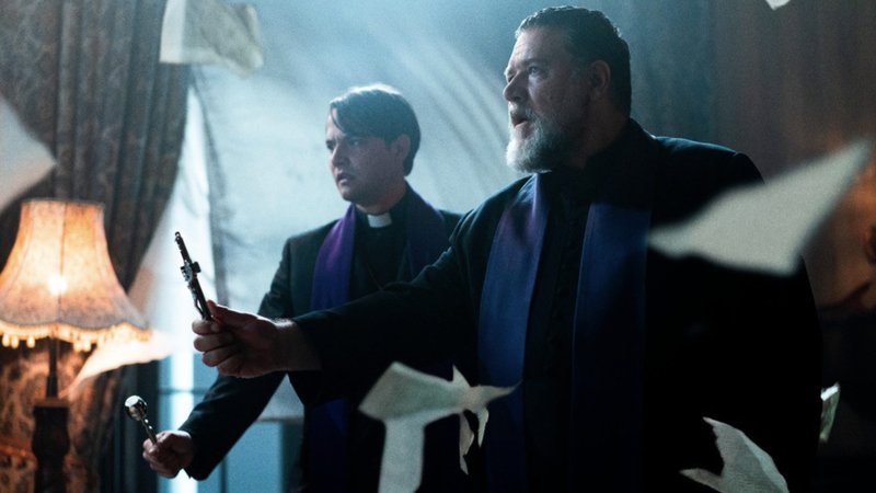Russell Crowe and Daniel Zovatto in “The Pope's Exorcist.” (IMDB)
