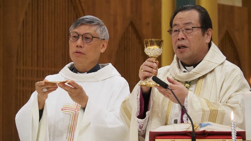 Bishop Stephen Chow Sau-yan of Hong Kong and Archbishop Joseph Li Shan of Beijing concelebrate Mass in the Church of the Savior, also known as North Church, the cathedral of the Archdiocese of Beijing April 20, 2023. Bishop Chow made his first visit as a bishop to the Chinese mainland April 17-21. (CNS photo/Diocese of Hong Kong via La Civiltà Cattolica)