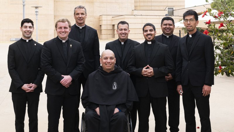 The eight men to be ordained priests for the Archdiocese of Los Angeles on June 3. Left to right: Luis Gerardo Peña, Michael DiPietro, Rene J-C Haarpaintner, Cesar Galan, fsp, Enrique Piceno, Jr., Emmanuel Sanchez, Sergio Sandoval Martinez, and Hieu Nguyen. (Victor Alemán)
