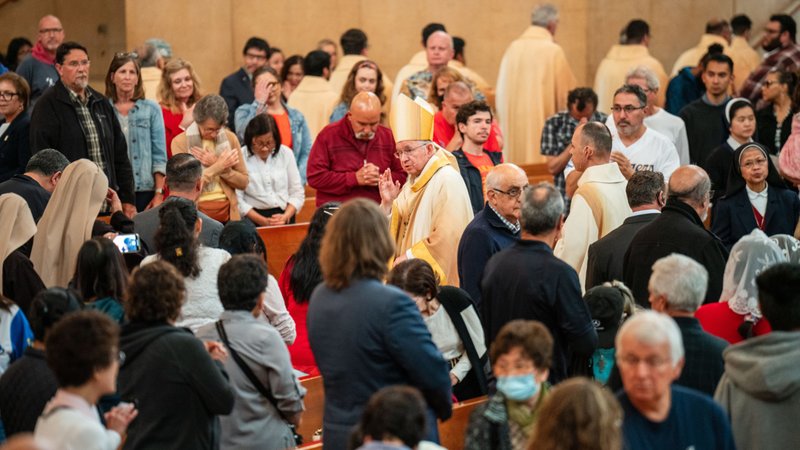 Los Angeles Archbishop José H. Gomez blesses parishioners during a special Mass at the Cathedral of Our Lady of the Angels on Friday, June 16 for a celebration of the Solemnity of the Most Sacred Heart of Jesus ahead of the Los Angeles Dodgers’ game and its Pride Night. (John Rueda/Archdiocese of Los Angeles)