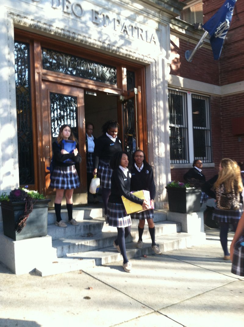 Students walk out of the Institute of Notre Dame building in Baltimore in this 2014 photo. (CNS/courtesy Institute of Notre Dame)