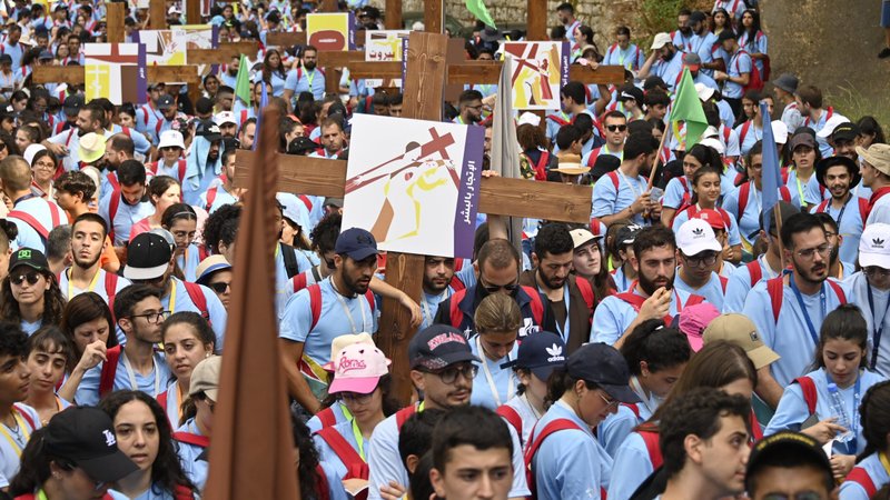 Over 1,500 youth pray the Stations of the Cross while processing during a local World Youth Day in Beirut, Lebanon, held Aug. 3-6, 2023. (OSV News photo/Doreen Abi Raad)