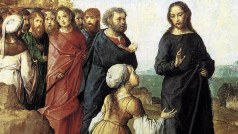 “Christ and the Canaanite Woman,” by Juan de Flandes, 1450–1519, Flemish. (Wikimedia Commons)