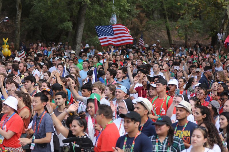 U.S. World Youth Day pilgrims cheer during a National Gathering at Quintas das Conchas e dos Lilases Park in Lisbon, Portugal, Aug. 2. (OSV News/Bob Roller)