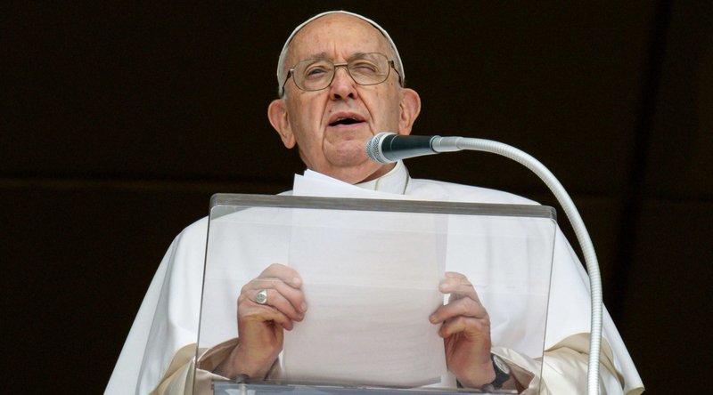 Pope Francis addresses visitors in St. Peter's Square at the Vatican before praying the Angelus Sept. 17, 2023. (CNS photo/Vatican Media)