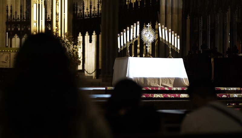 A monstrance containing the Blessed Sacrament is displayed on the altar during a Holy Hour at St. Patrick’s Cathedral in New York City July 13. (OSV News/Gregory A. Shemitz)