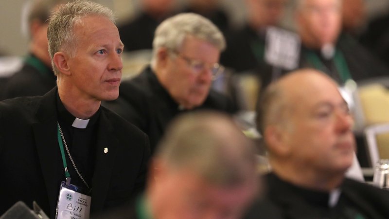 Bishop William A. Wack of Pensacola-Tallahassee, Fla., and other prelates listen to a speaker June 16, 2023, during the U.S. Conference of Catholic Bishops' spring plenary assembly in Orlando, Fla. (OSV News/Bob Roller)