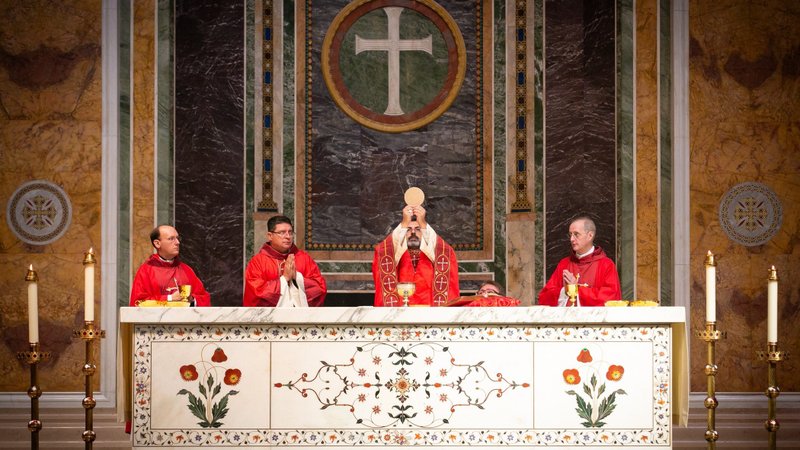 Washington Auxiliary Bishop Juan R. Esposito celebrates the annual Red Mass at the Cathedral of St. Matthew the Apostle in Washington Oct. 1, 2023. The Mass traditionally marks the start of the court year and among those in attendance were members of the U.S. Supreme Court, including Chief Justice of the United States John G. Roberts Jr., Associate Justice Amy Coney Barrett, and retired Justice Anthony Kennedy. (OSV News/Christopher Newkumet, courtesy John Carroll Society)