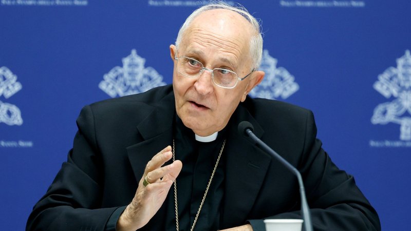 Cardinal Fernando Filoni, grand master of the Equestrian Order of the Holy Sepulchre of Jerusalem, speaks during a news conference at the Vatican Oct. 31, 2023. (CNS/Lola Gomez)
