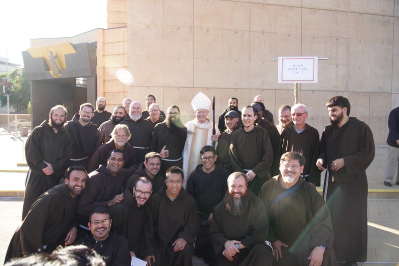 Bishop Matthew Elshoff, OFM Cap., with fellow Capuchins after the Sept. 26 episcopal ordination Mass. (Isabel Cacho)