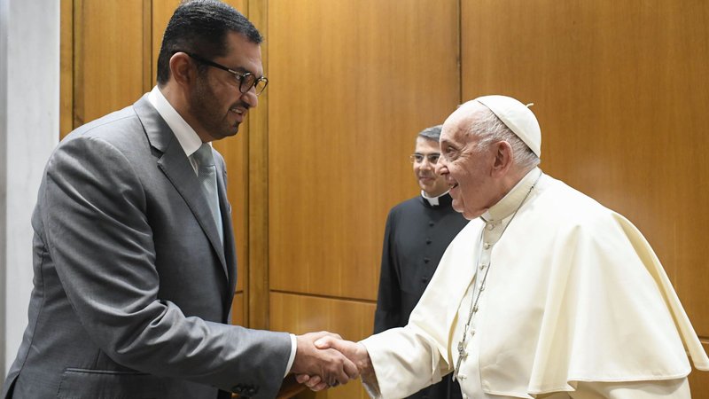Pope Francis welcomes Sultan al-Jaber, the president-designate of the 2023 United Nations Climate Change Conference, known as COP28, to the Vatican Oct. 11, 2023. COP28 is set to open Nov. 30 in Dubai. (CNS/Vatican Media)