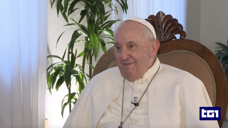Pope Francis smiles during an interview with Gian Marco Chiocci, director of the TG1 news program of RAI, the Italian television network, in this screen grab from a broadcast Nov. 1, 2023. (CNS/TG1 via RaiPlay)